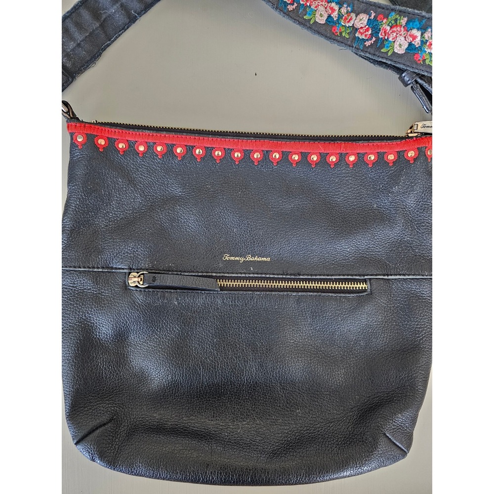 Tommy Bahama Black Leather Crossbody Bag Floral Embroidered Strap Studded Trim